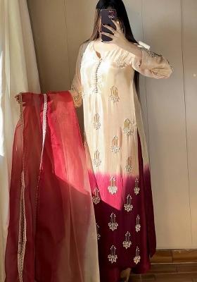 Rani Pink Embroidered Chinon Kurta Set