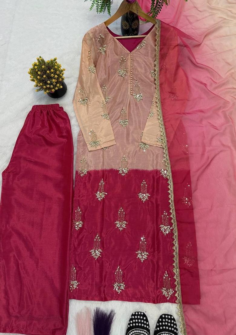 Rani Pink Embroidered Chinon Kurta Set - Indya
