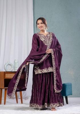 Dark Plum Embroidered Chinon Kurta Set