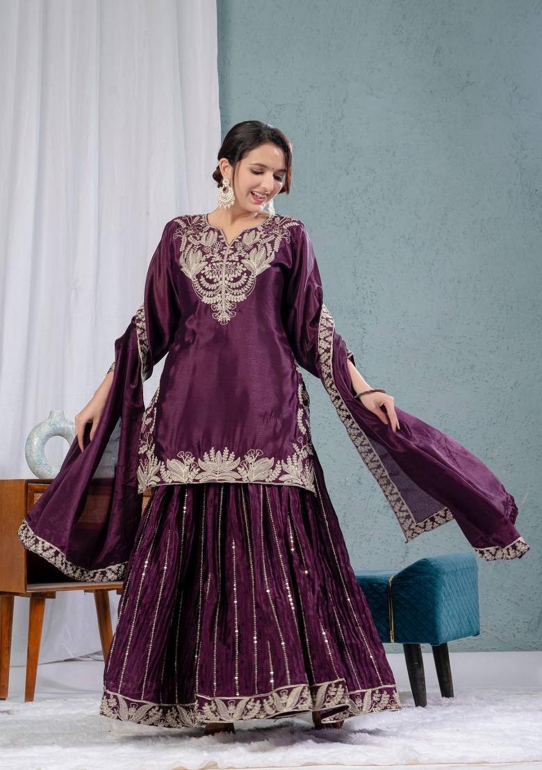 Dark Plum Embroidered Chinon Kurta Set - Indya