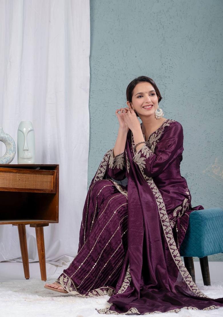 Dark Plum Embroidered Chinon Kurta Set - Indya