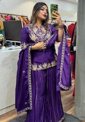 Blue Embroidered Chinon Kurta Set