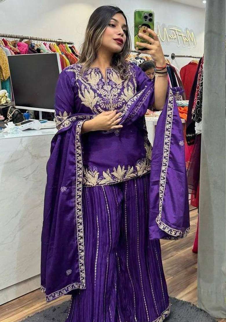 Blue Embroidered Chinon Kurta Set - Indya