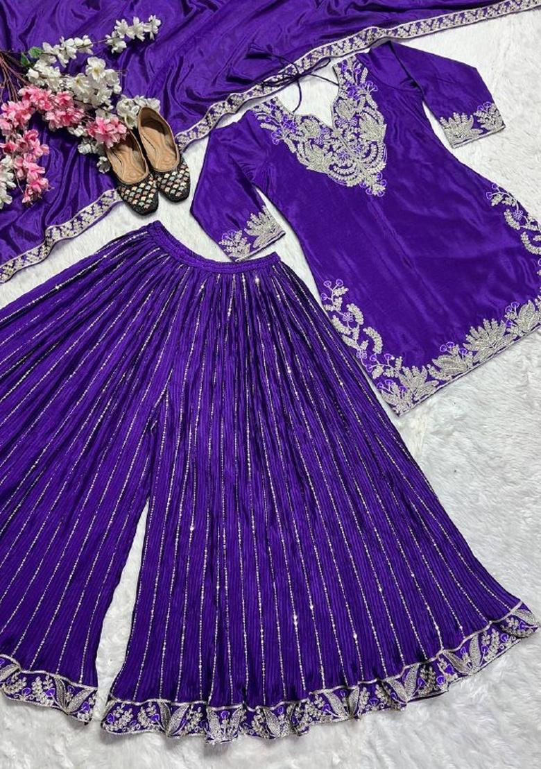 Blue Embroidered Chinon Kurta Set - Indya