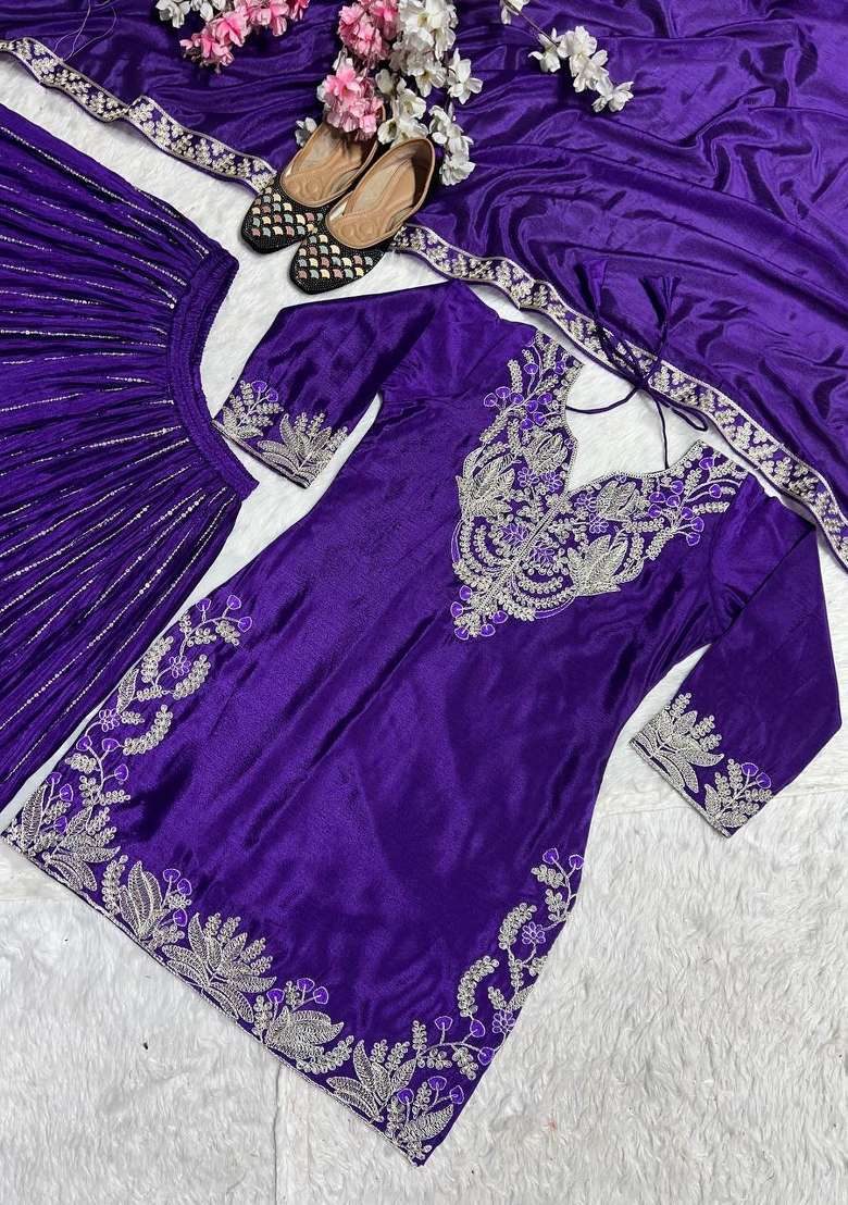Blue Embroidered Chinon Kurta Set - Indya