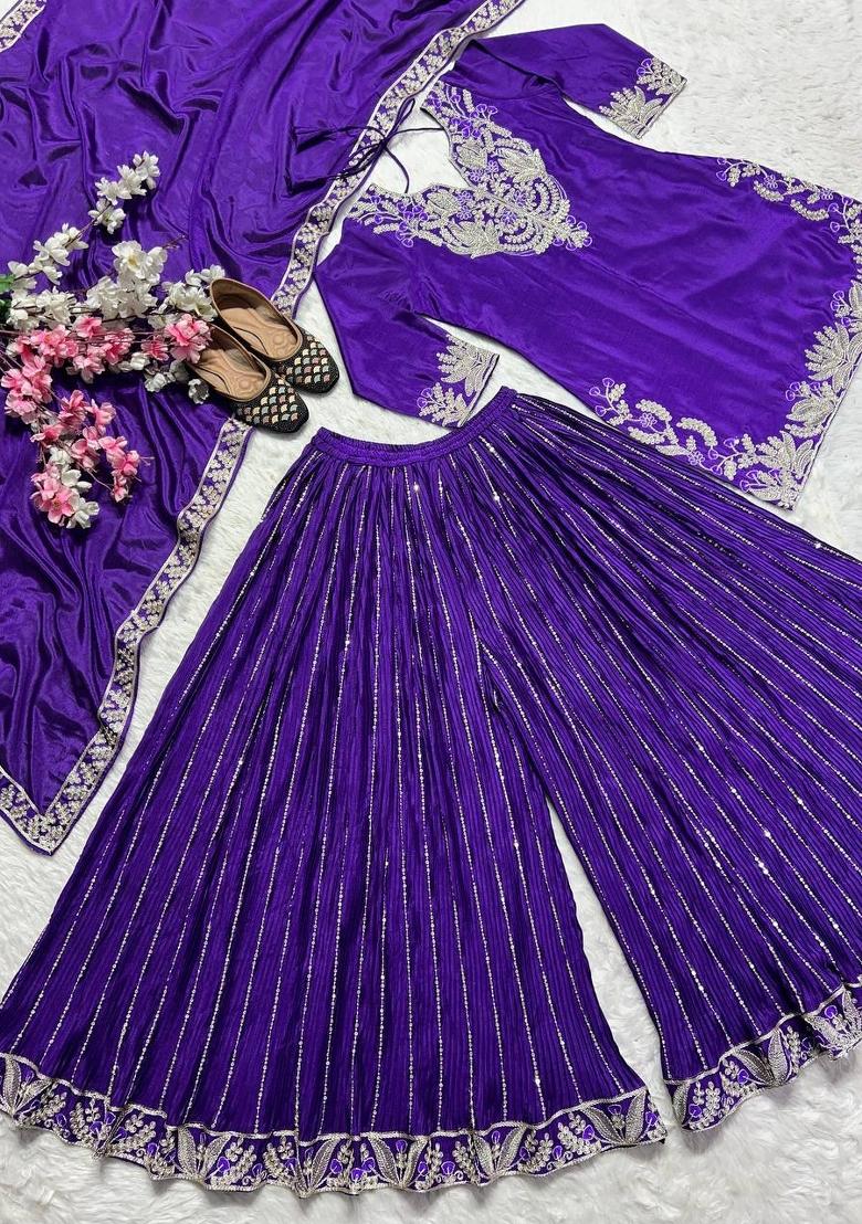 Blue Embroidered Chinon Kurta Set - Indya