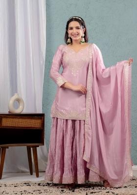 Light Pink Embroidered Chinon Kurta Set