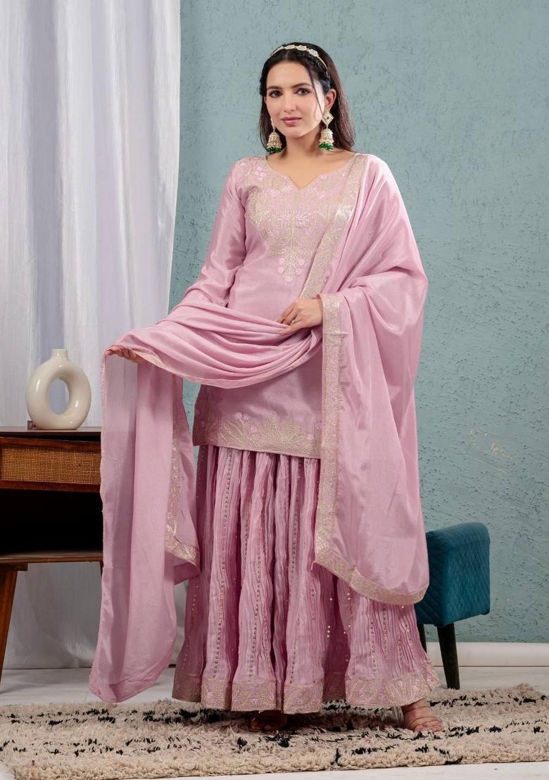 Light Pink Embroidered Chinon Kurta Set - Indya