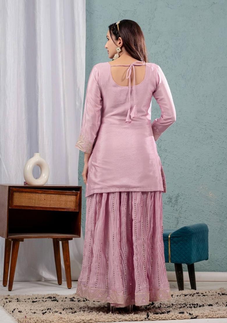 Light Pink Embroidered Chinon Kurta Set - Indya