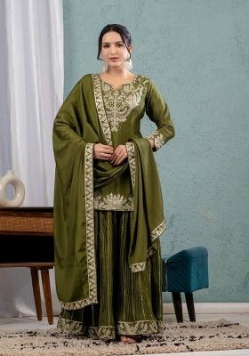 Mehendi Embroidered Chinon Kurta Set
