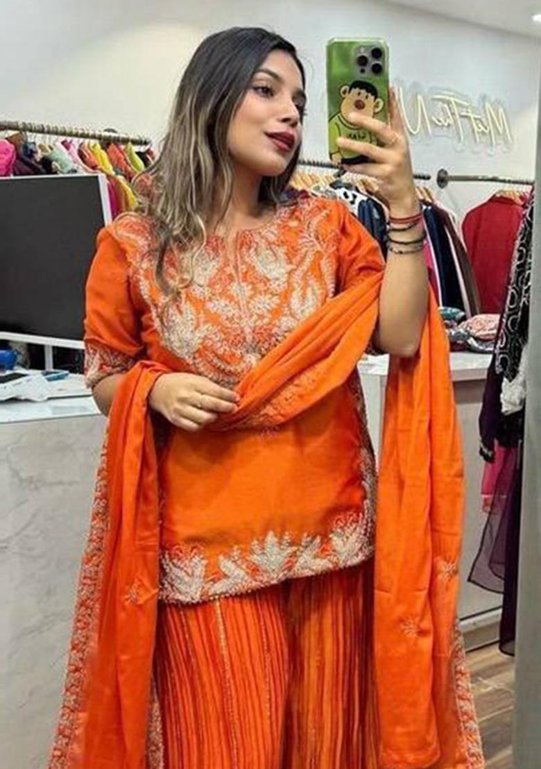 Orange Embroidered Chinon Kurta Set - Indya