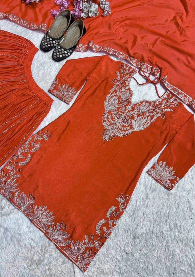 Orange Embroidered Chinon Kurta Set - Indya