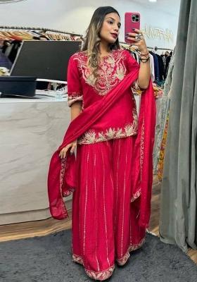 Pink Embroidered Chinon Kurta Set