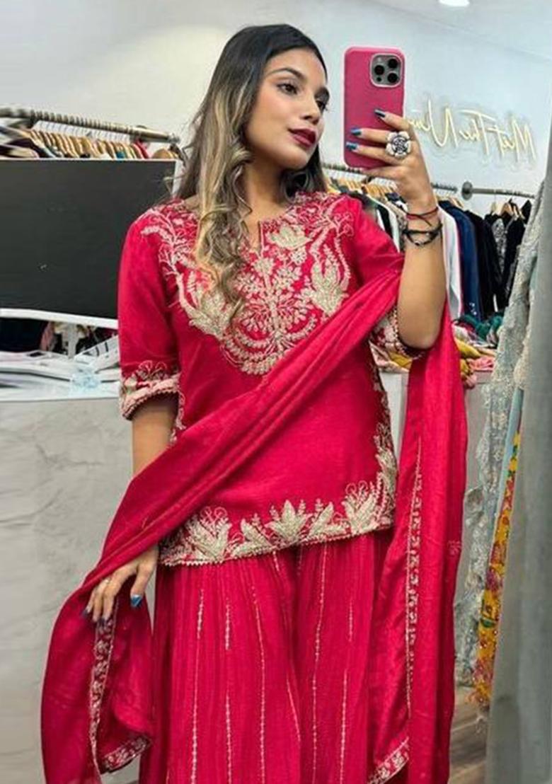 Pink Embroidered Chinon Kurta Set - Indya