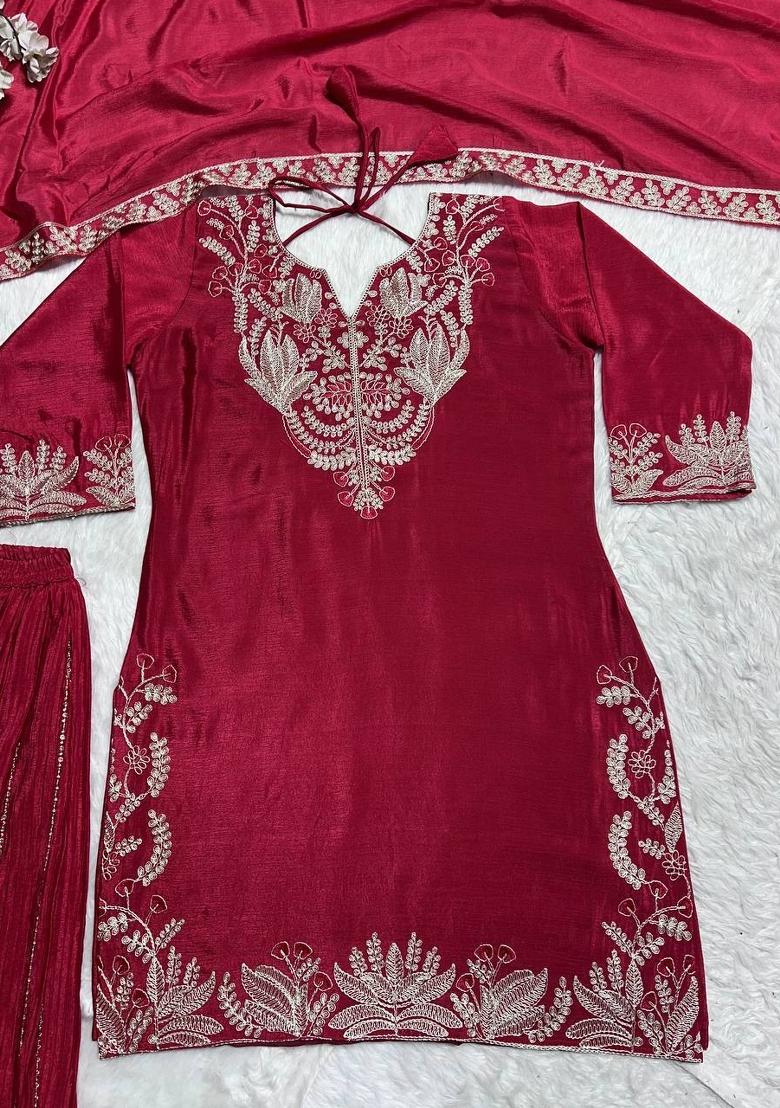 Pink Embroidered Chinon Kurta Set - Indya