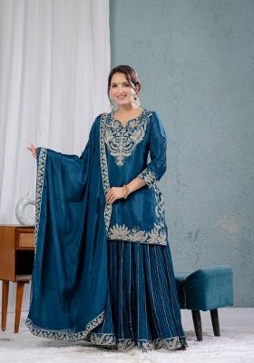 Sky Blue Embroidered Chinon Kurta Set
