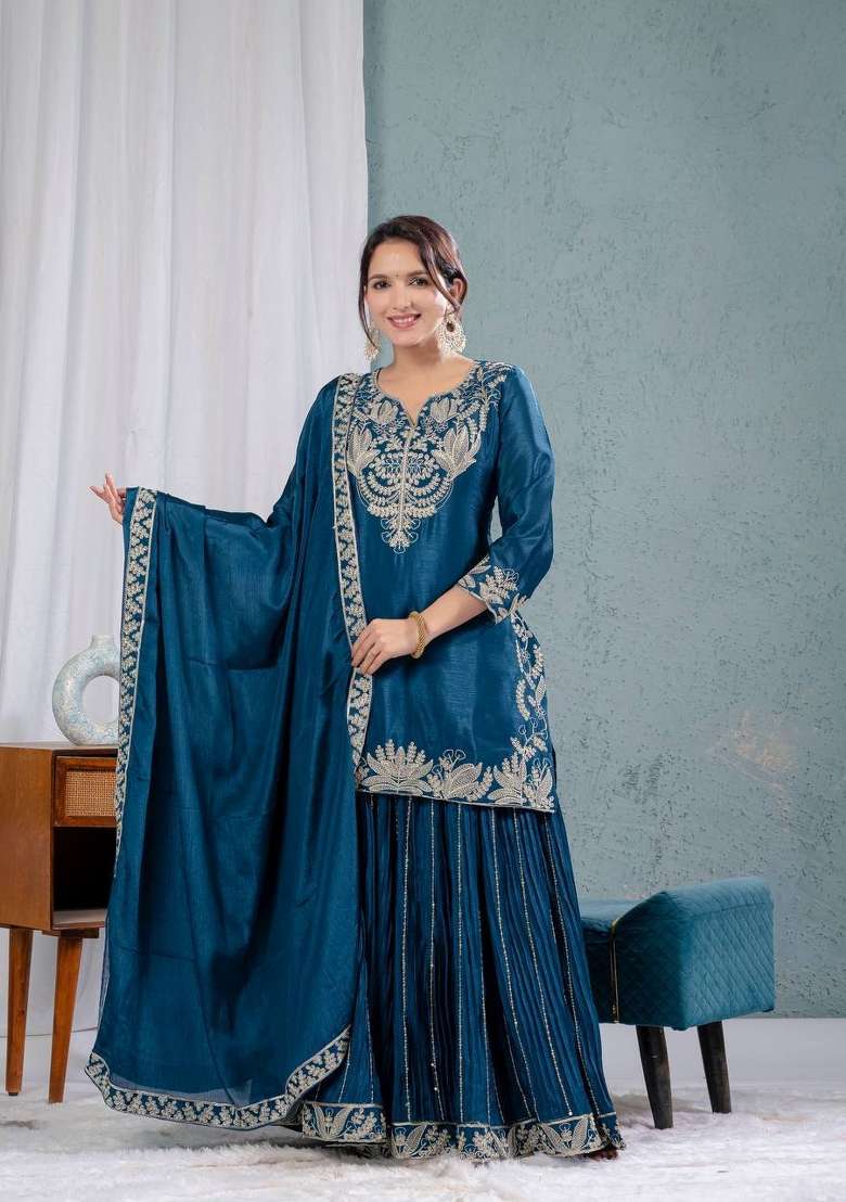 Sky Blue Embroidered Chinon Kurta Set - Indya