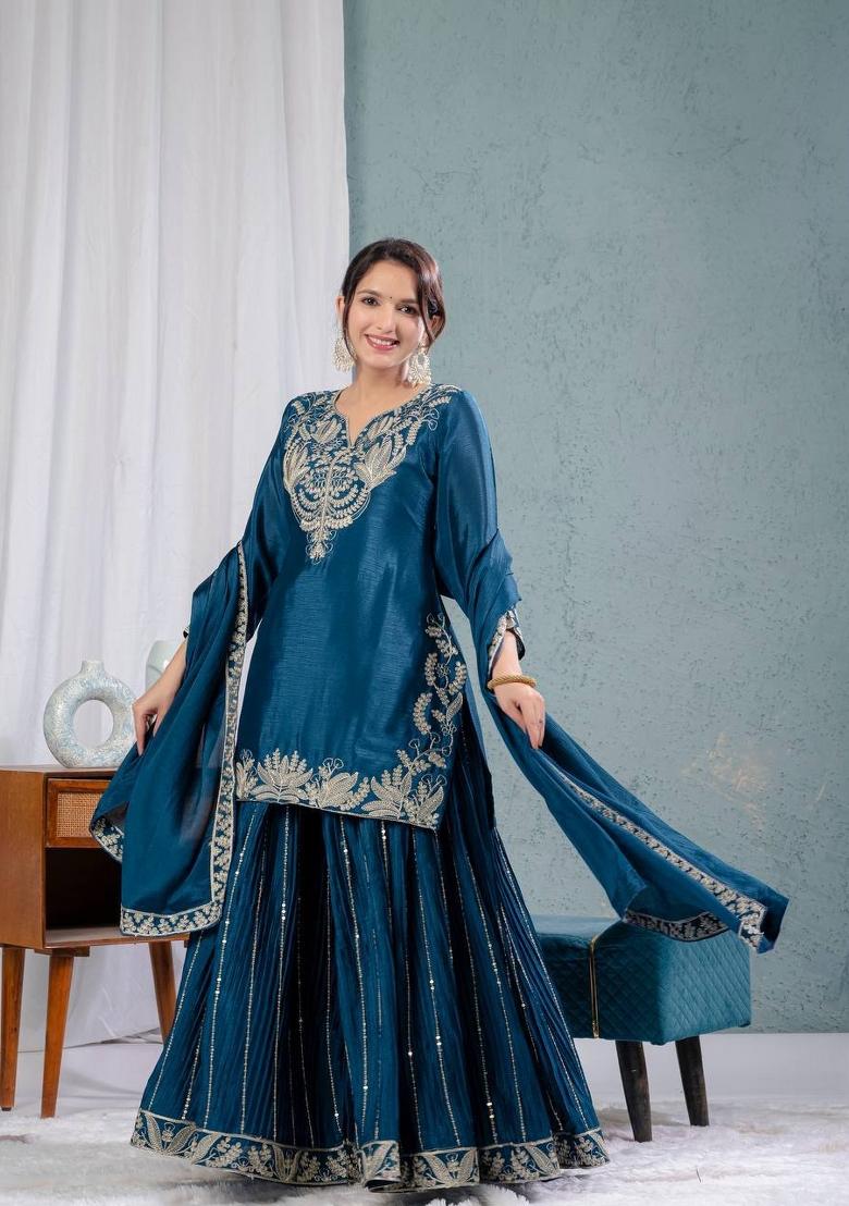 Sky Blue Embroidered Chinon Kurta Set - Indya