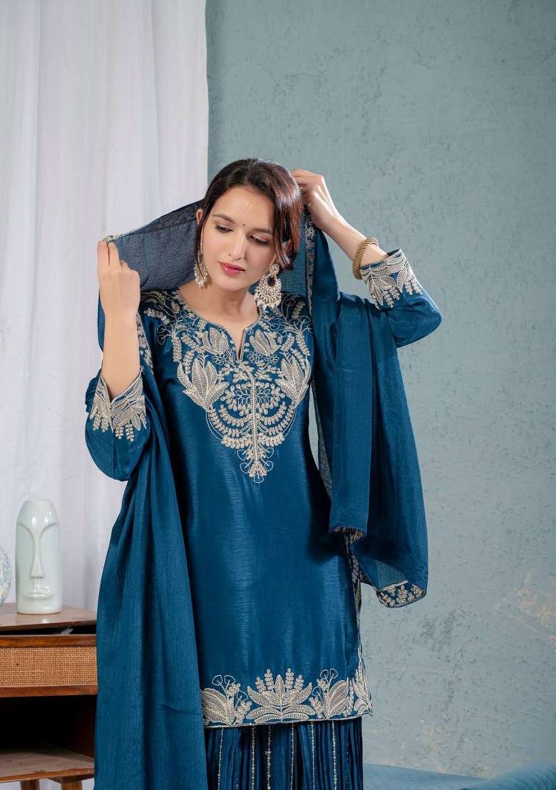 Sky Blue Embroidered Chinon Kurta Set - Indya