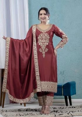 Maroon Embroidered Chinon Kurta Set