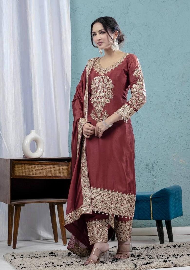 Maroon Embroidered Chinon Kurta Set - Indya
