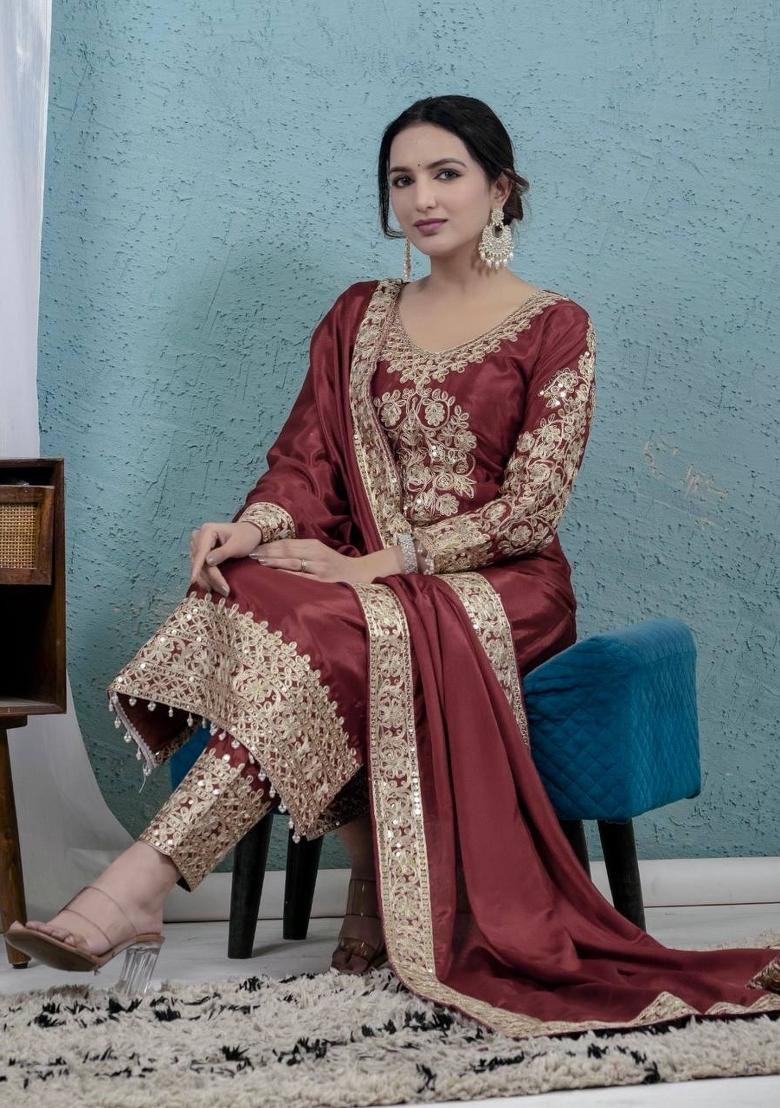 Maroon Embroidered Chinon Kurta Set - Indya