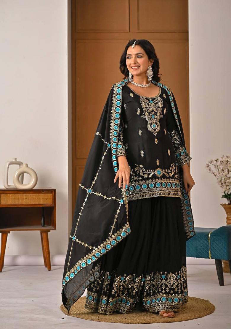 Black Embroidered Vichitra Kurta Set - Indya