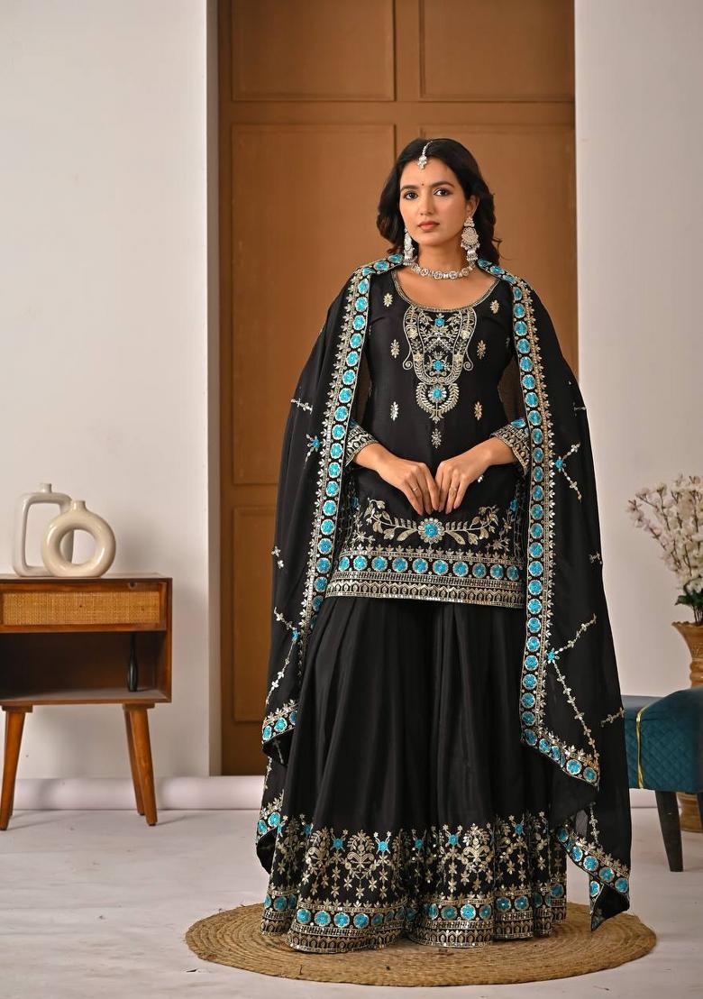 Black Embroidered Vichitra Kurta Set - Indya