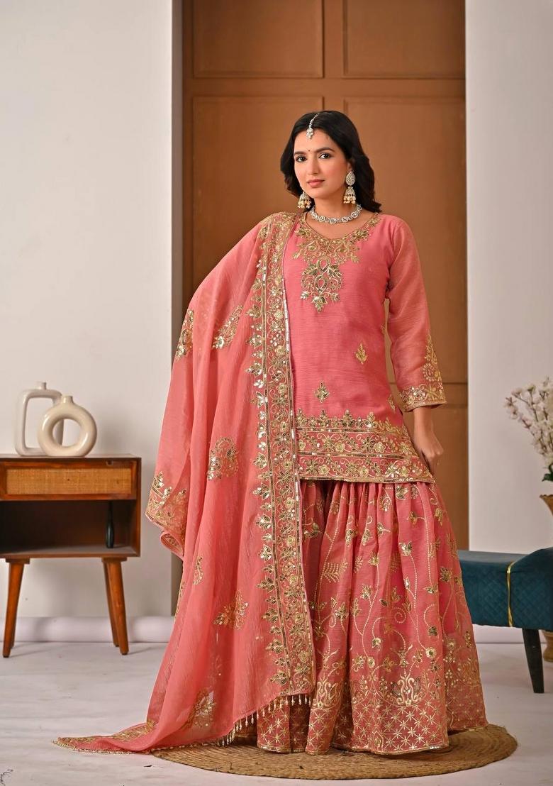 Light Pink Embroidered Silk Blend Kurta Set - Indya