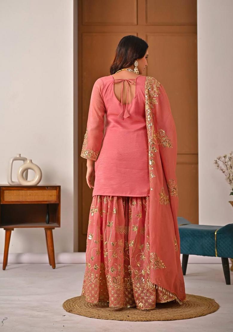 Light Pink Embroidered Silk Blend Kurta Set - Indya