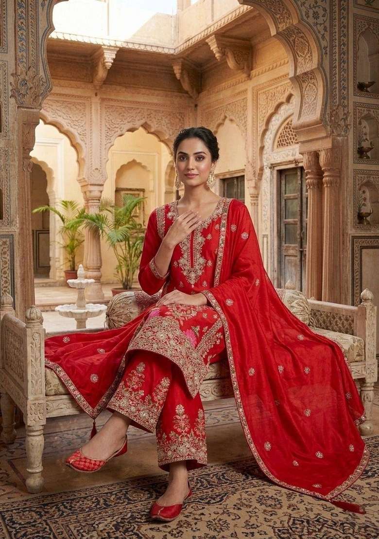 Red Embroidered Chinon Kurta Set - Indya