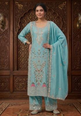 Sky Blue Embroidered Chinon Kurta Set