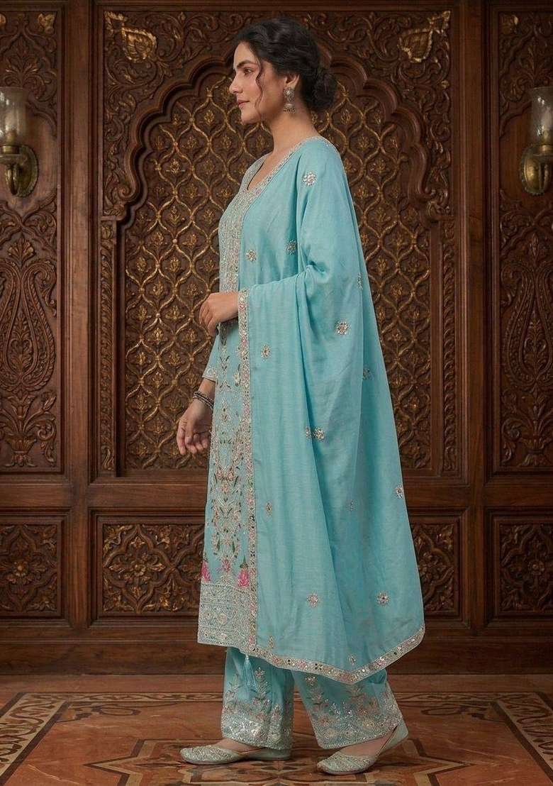 Sky Blue Embroidered Chinon Kurta Set - Indya
