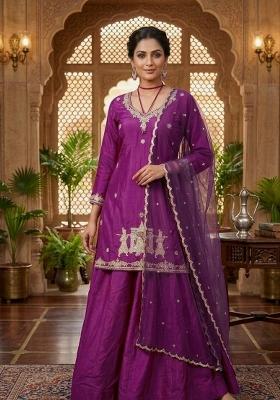 Purple Embroidered Silk Kurta Set