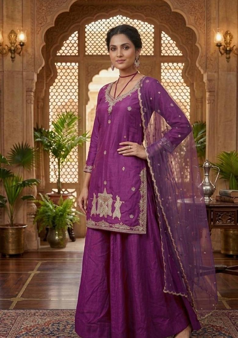 Purple Embroidered Silk Blend Kurta Set - Indya
