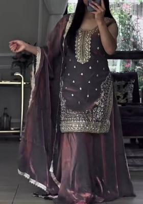Brown Embroidered Silk Kurta Set