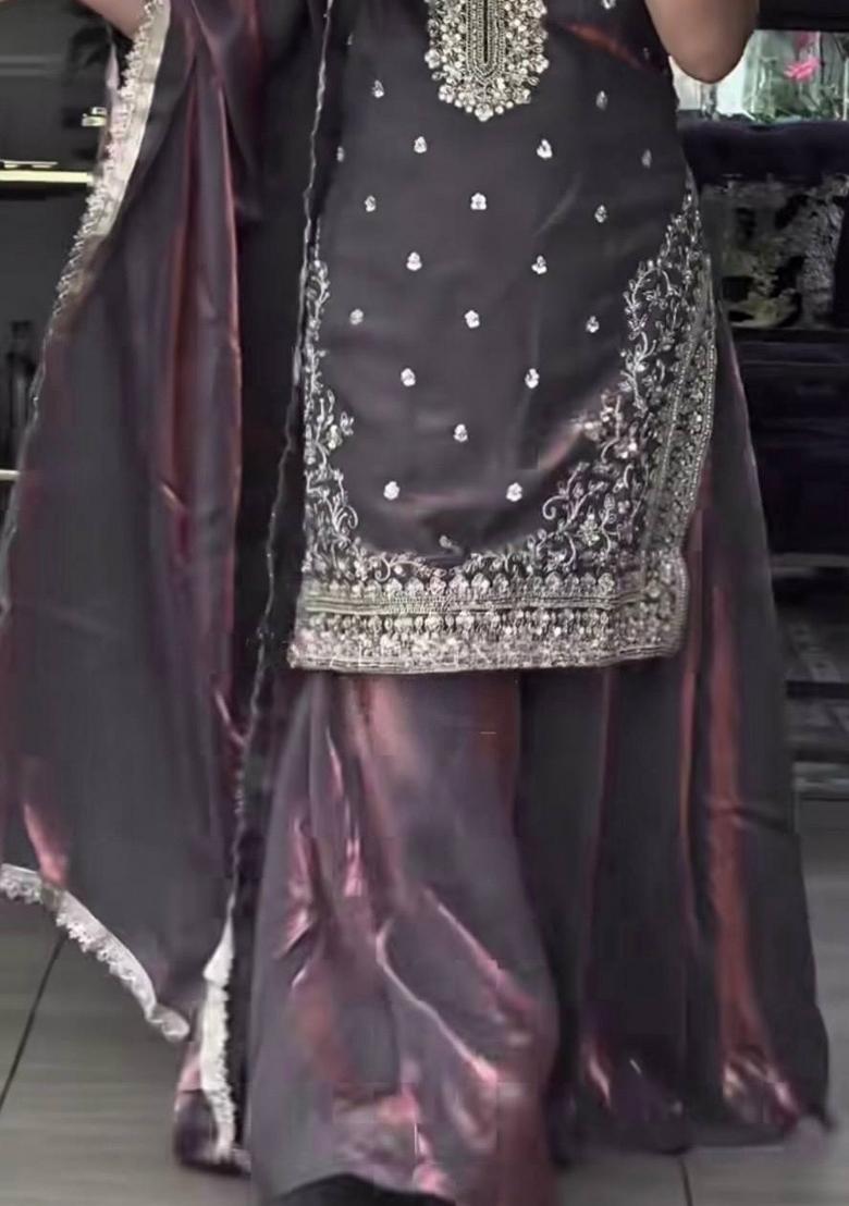 Brown Embroidered Silk Blend Kurta Set - Indya