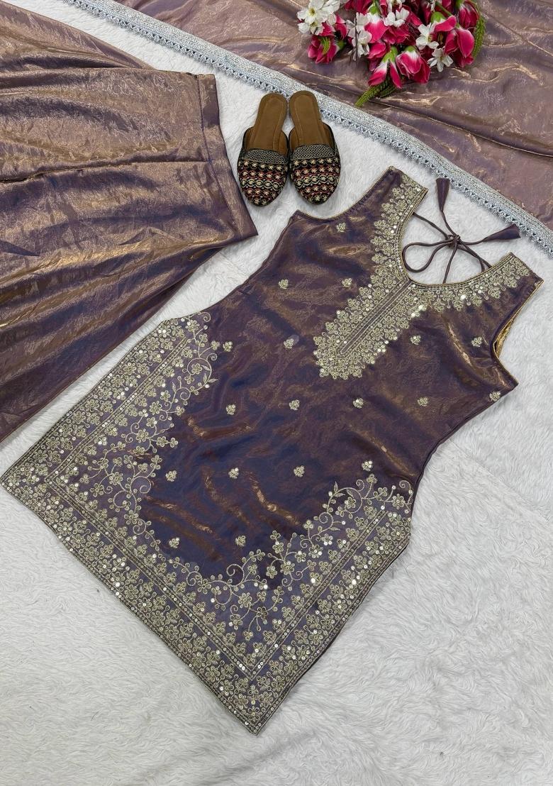 Brown Embroidered Silk Blend Kurta Set - Indya