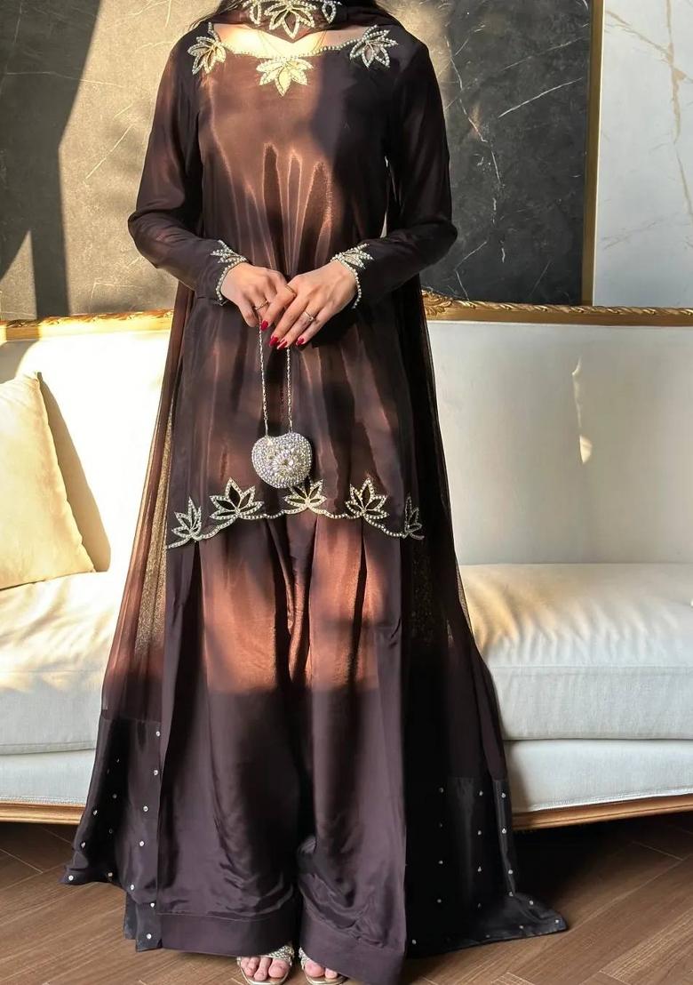 Black Embroidered Crepe Kurta Set - Indya