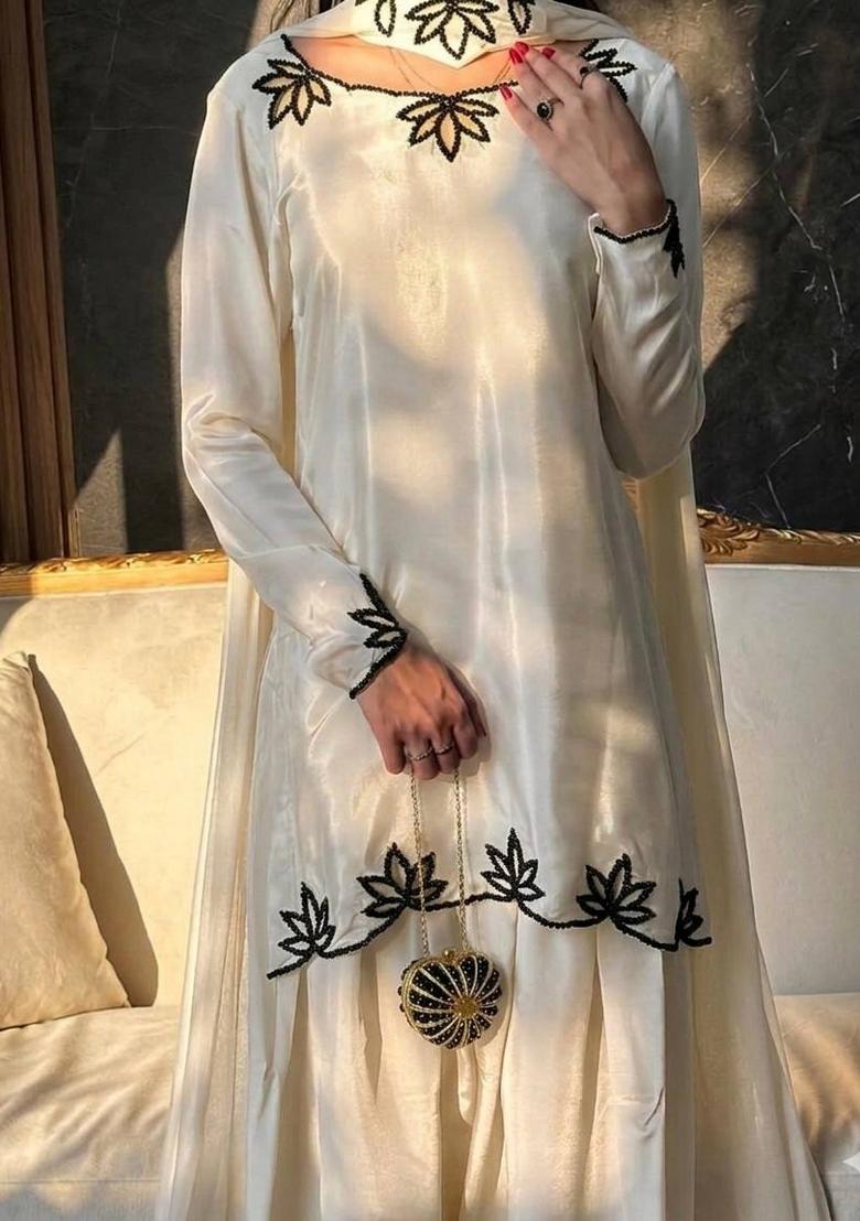 White Embroidered Crepe Kurta Set - Indya