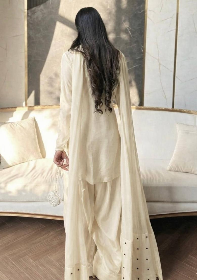 White Embroidered Crepe Kurta Set - Indya
