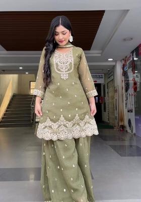 Mehendi Embroidered Silk Kurta Set