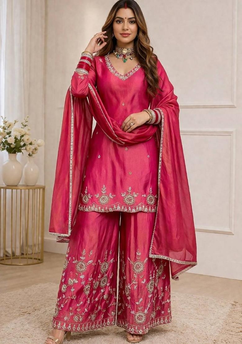 Pink Embroidered Silk Blend Kurta Set - Indya
