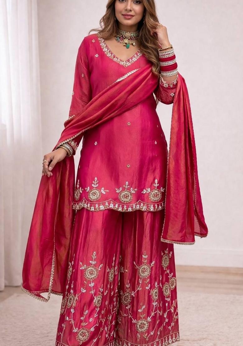 Pink Embroidered Silk Blend Kurta Set - Indya