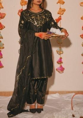 Black Embroidered Satin Kurta Set