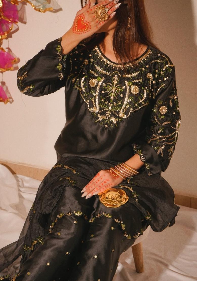 Black Embroidered Satin Kurta Set - Indya
