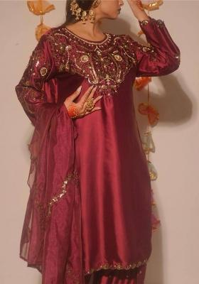 Light Maroon Embroidered Satin Kurta Set