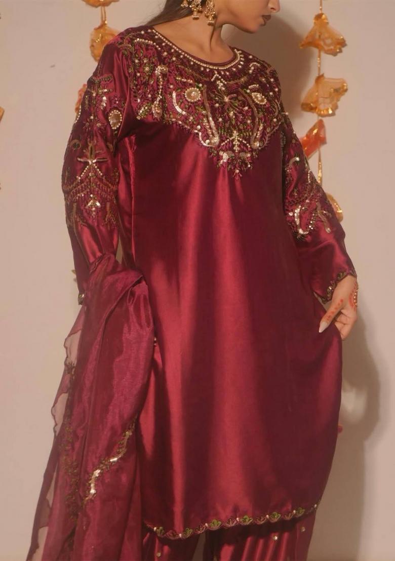 Light Maroon Embroidered Satin Kurta Set - Indya