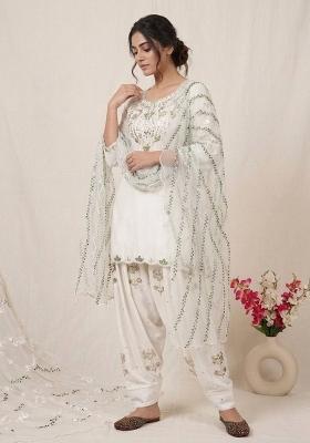 White Embroidered Satin Kurta Set