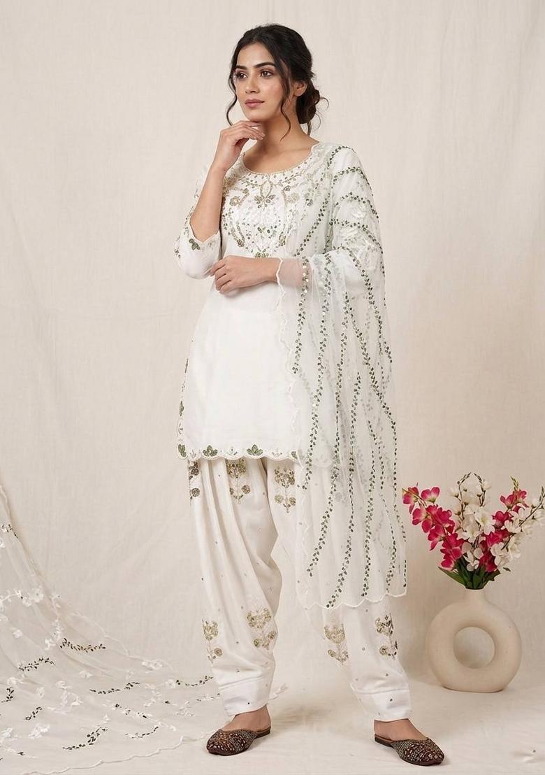 White Embroidered Satin Kurta Set - Indya